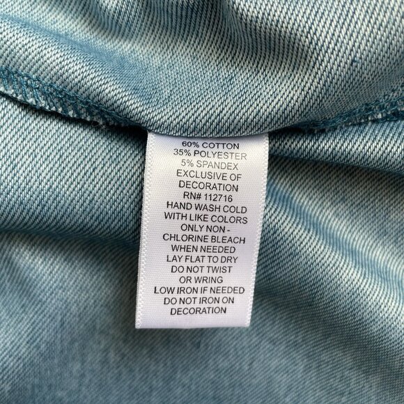 Quacker Factory Knit Denim Button Up Shirt Teal Blue Stretch Rhinestones Top L - Picture 8 of 8